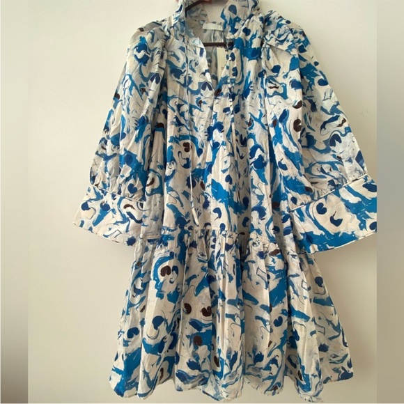 H&M hm Cotton Voile Ruffle Collar Peplum Mini Dress Drop waist Pattern Blue NWT - Picture 14 of 16